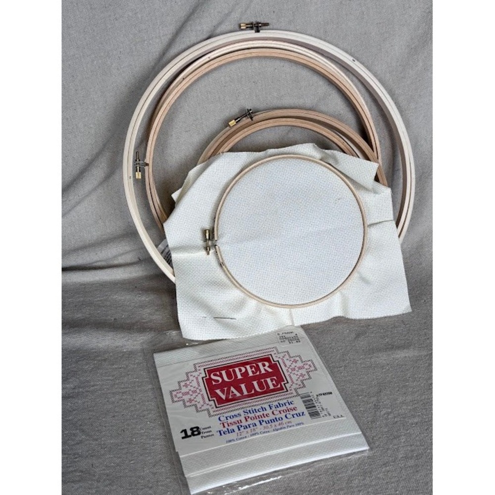 Lot of 7 Embroidery Hoops + Cross‎ Stitch Fabric 18 Count Aida Super Value Pack